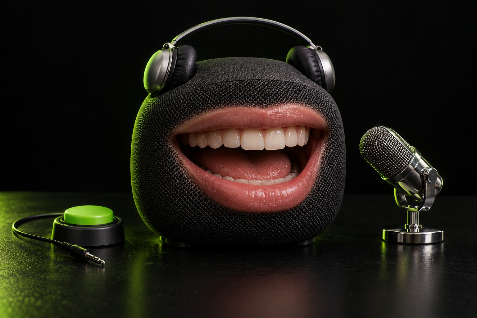 A charcoal speaker with an enormous smiling human mouth, tiny headphones and an unplugged mute button